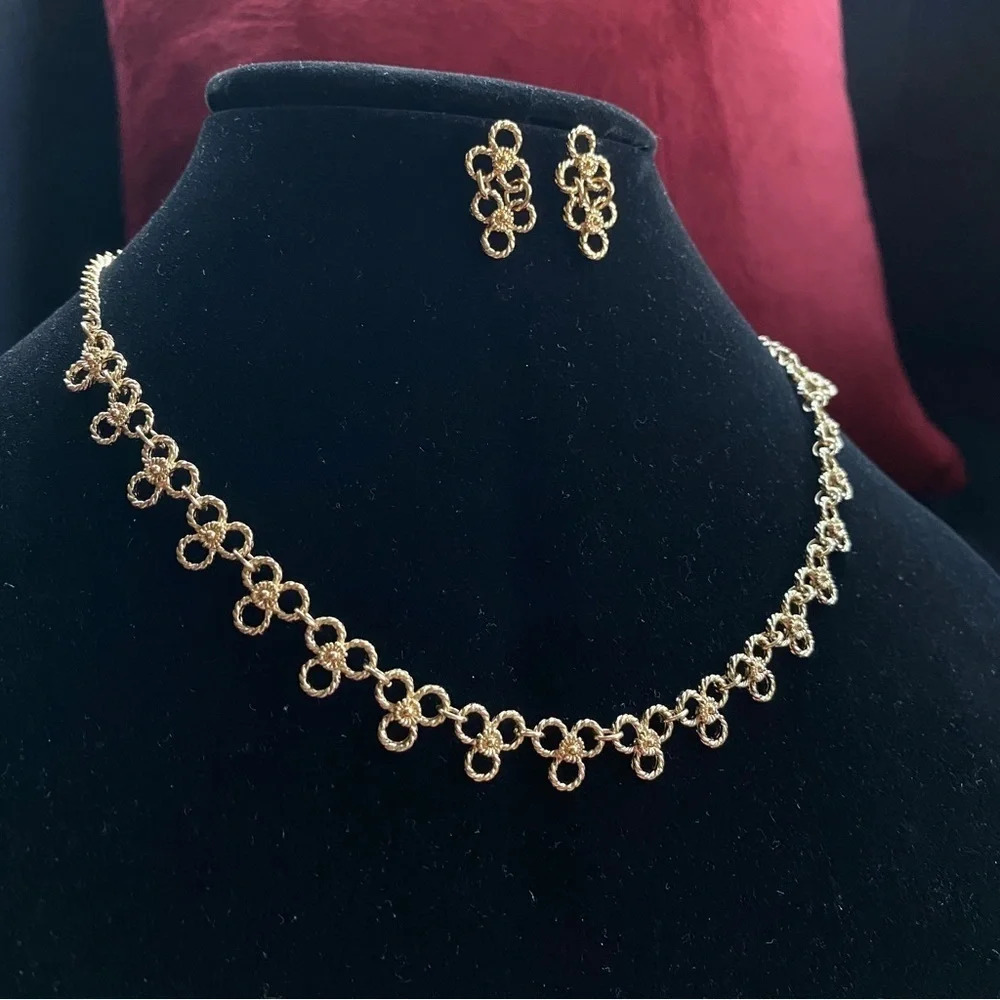 Vintage Gold Tone Tatted Lace Filigree Floral Necklace and Earring Set 1980s